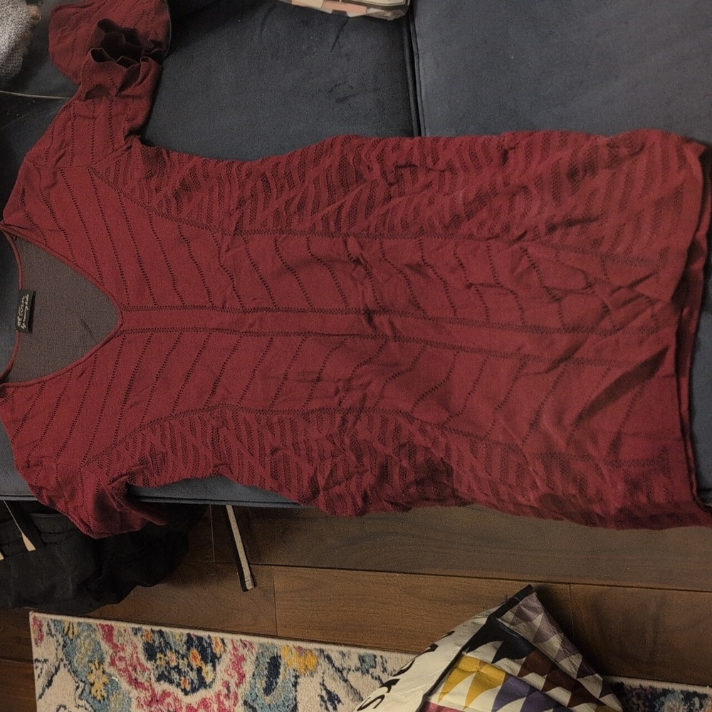 Burgundy V-Neck Women Dress